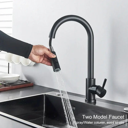 Decorbites black kitchen faucet with black matte finish, single handle pull out mixer, and two function hot cold taps