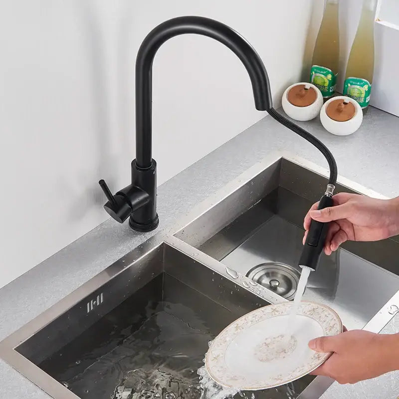 Black kitchen faucet decorbites black kitchen pull-down single handle mixer with flexible hose and two function taps