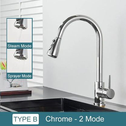 Chrome finished decorbites black kitchen faucet with sleek arched spout and pull down spray head with two modes