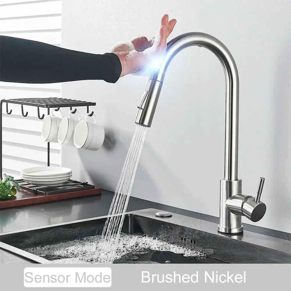Brushed nickel DecorBites™ black kitchen faucet with sleek arched spout and touch sensor mixer tap pull-down spray head