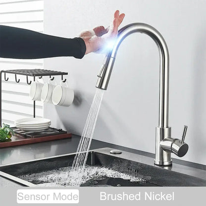 Brushed nickel DecorBites™ black kitchen faucet with sleek arched spout and touch sensor mixer tap pull-down spray head