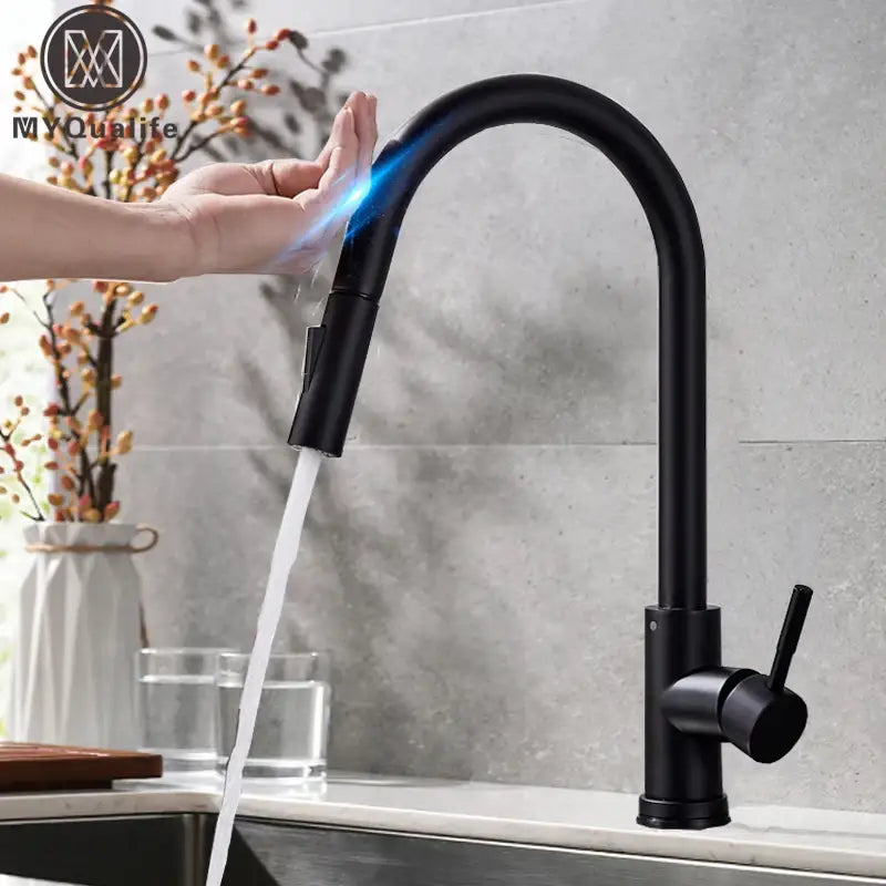 DecorBites™ black matte finish kitchen touch sensor mixer tap with sleek curved spout and pull-down spray head