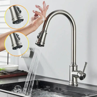 Stainless steel DecorBites™ black kitchen faucet with curved spout and pull-down spray head touch sensor mixer tap