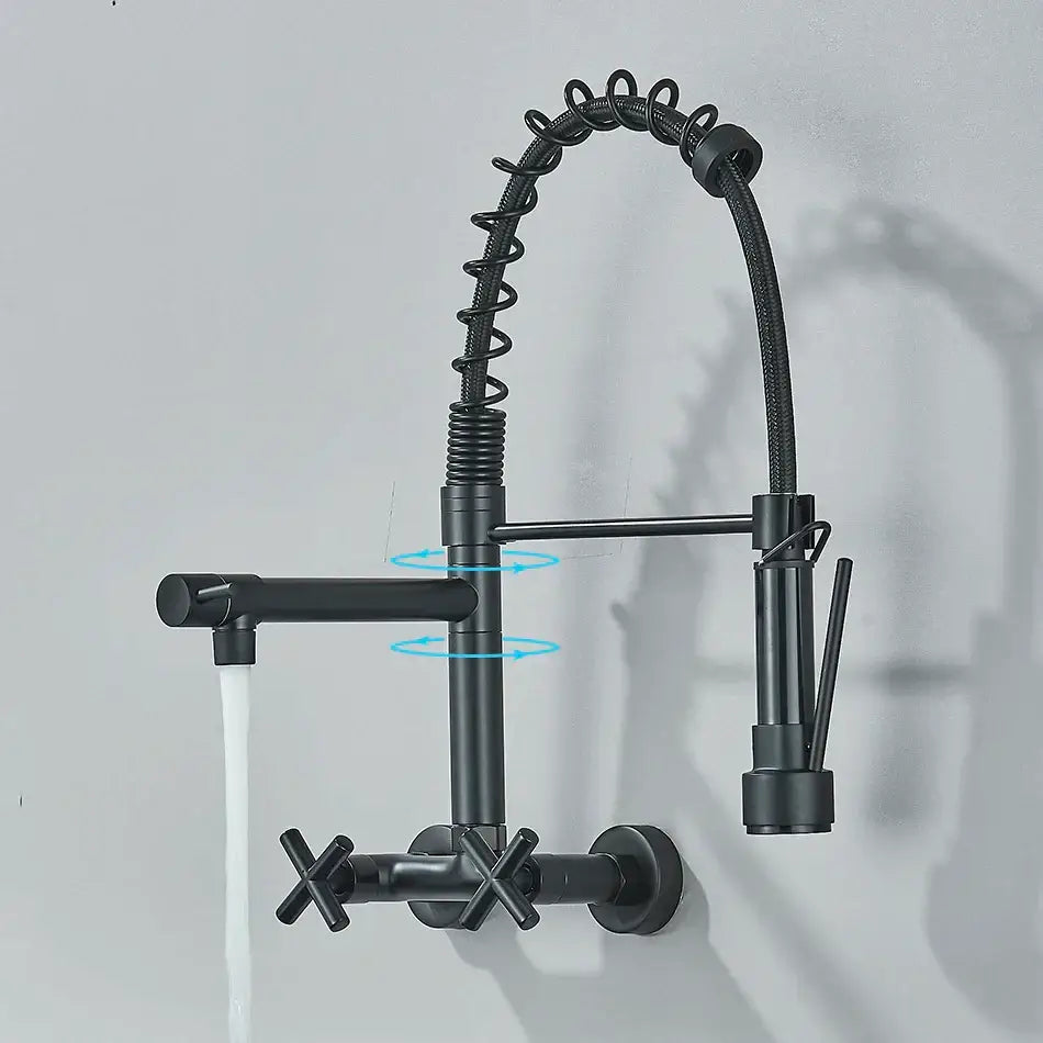 Decorbites black kitchen faucet with black matte finish, coiled flexible gooseneck spout and cross-handle controls