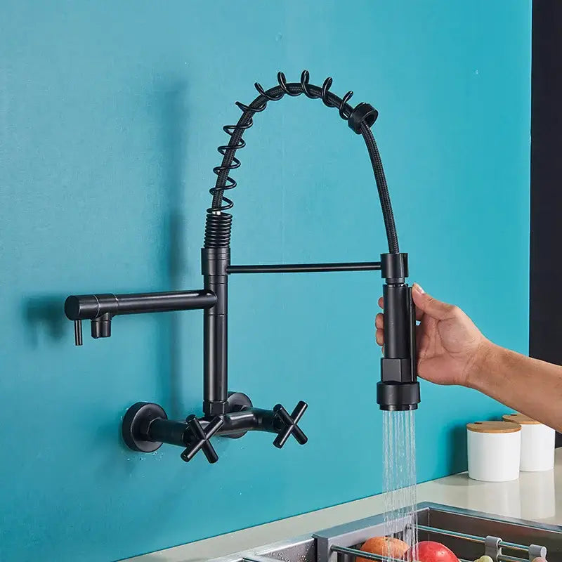 DecorBites black kitchen faucet with matte finish, flexible coiled hose, cross handles, dual swivel spouts wall mounted