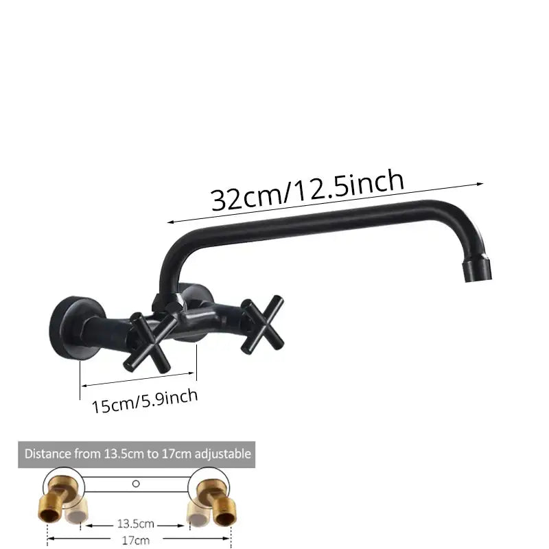 DecorBites black kitchen faucet wall mounted swivel mixer tap with matte finish cross handles for bath sink use