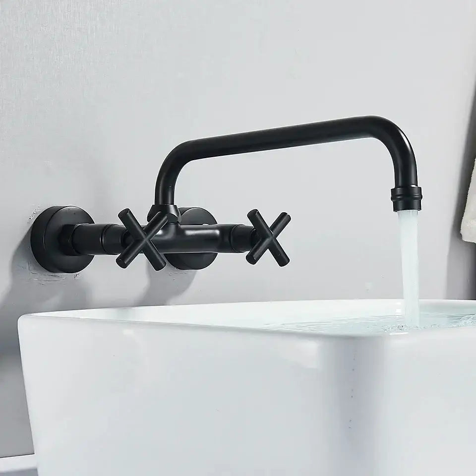 Black kitchen faucet decorbites™ wall mounted swivel mixer tap with cross handles and curved spout for bath sink