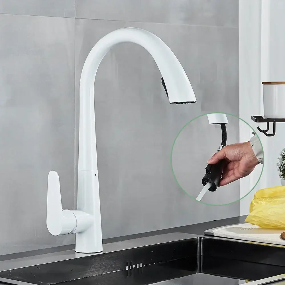 White modern kitchen faucet with sleek curved spout and pull-out spray head for decorbites black kitchen faucet display