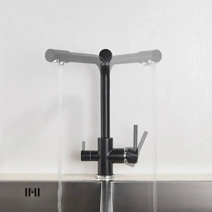 DecorBites black kitchen faucet with matte finish features a modern dual spout design and rotatable water purification