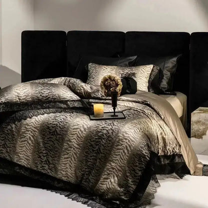 Decorbites black lace leopard print satin bedding set with black and gold zebra print and lace trim in 1000TC cotton