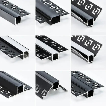 Decorbites black led aluminum profile featuring black and silver decorative geometric cut-out aluminum threshold strips