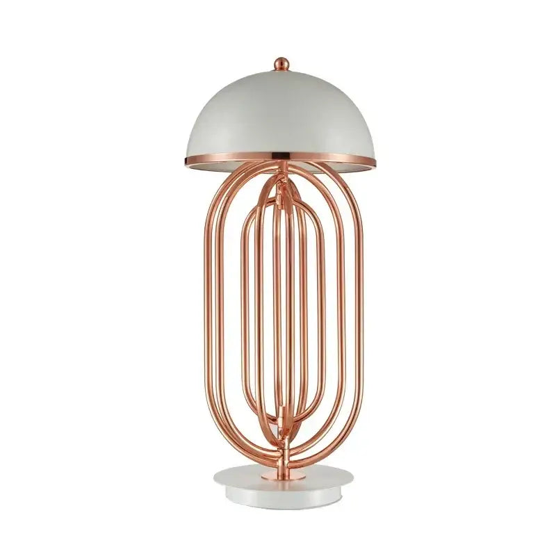Decorbites™ black led bedside table lamp with rose gold metal frame and matte white dome shade for bedroom use