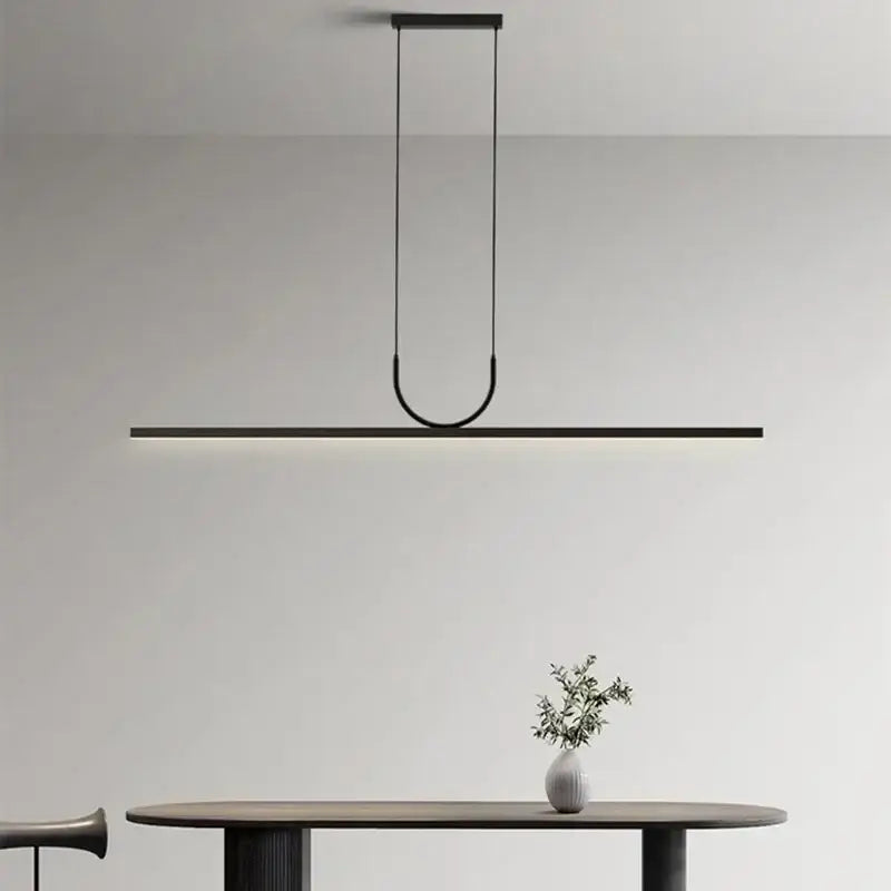 Minimalist DecorBites black led ceiling chandelier with a sleek glowing bar for modern dining room and kitchen island lighting