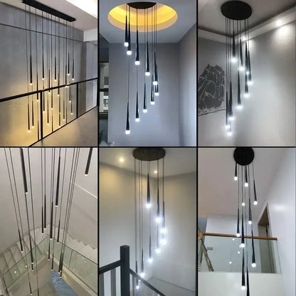 Modern decorbites black led ceiling chandelier with tapered glass shades and metal fixtures for stylish staircase lighting