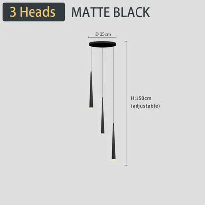 Matte black decorbites black led three-head pendant light with adjustable height and slender conical shades for living room