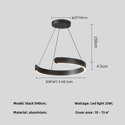 Decorbites black led chandelier pendant light with a sleek curved aluminum ring for minimalist indoor use