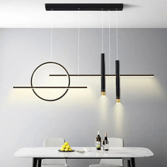 Modern decorbites black led chandelier pendant light with black and gold geometric design for dining and kitchen use