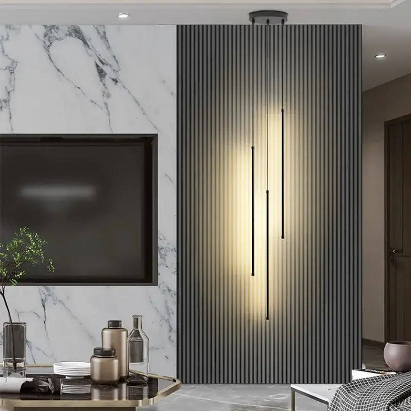 Modern DecorBites black LED chandelier pendant lights with slender cylindrical rods and a warm glow for dining room and bedroom