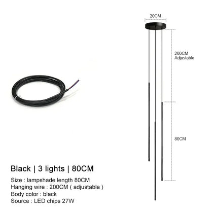 DecorBites black led chandelier pendant lights with three slender vertical led rods and adjustable 200cm hanging wire