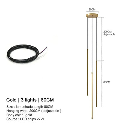Gold-colored modern pendant lights with three slender rods and 200cm adjustable wire for DecorBites black led chandelier