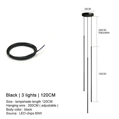 Decorbites black led chandelier pendant lights with three vertical led rods and adjustable 200cm wire for dining room and bedroom