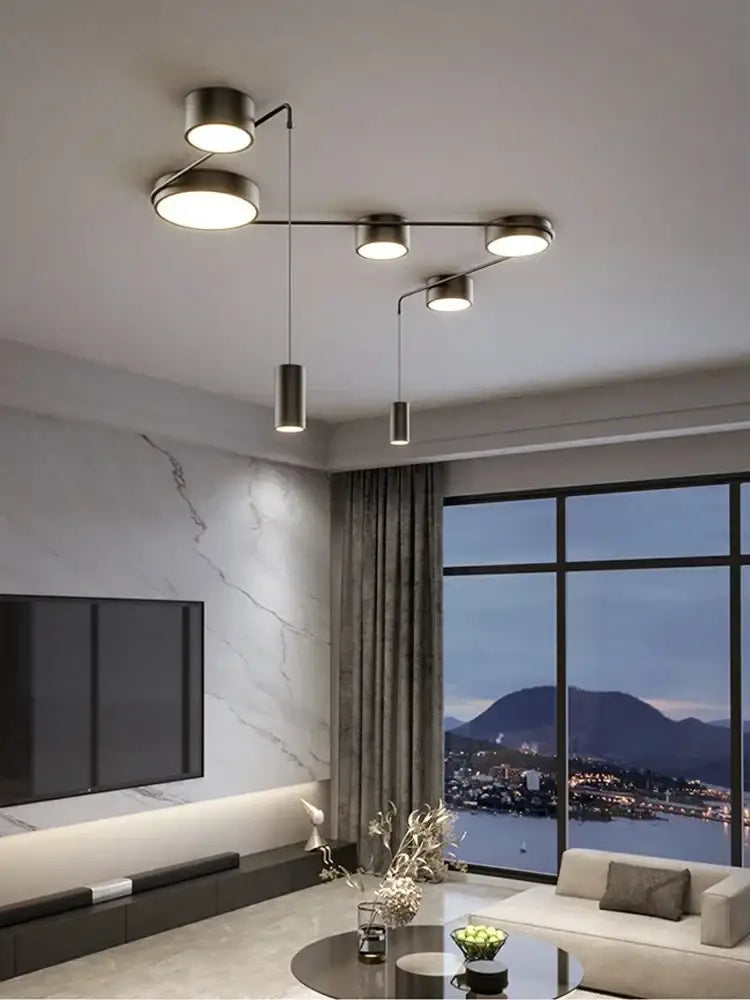Modern brushed nickel ceiling light fixture with five circular bulbs in decorbites black led chandelier design