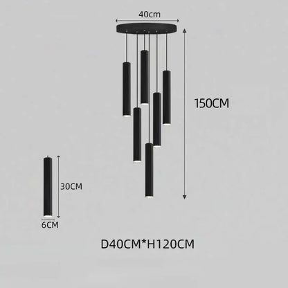 Decorbites black led cylindrical pendant chandelier with modern minimalist nordic design and led crystal staircase style