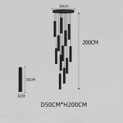 Decorbites black led crystal staircase chandelier with black cylindrical pendant and modern minimalist nordic design