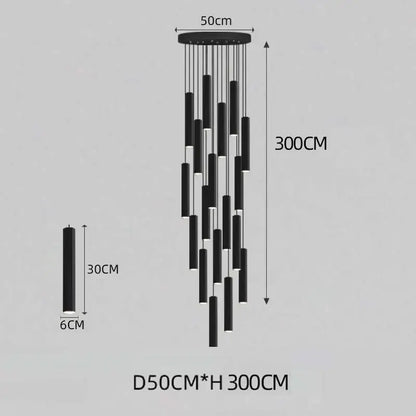 Decorbites black led crystal staircase chandelier with modern black cylindrical pendant rods and illuminated sections