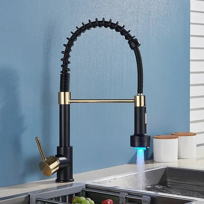 Decorbites black led kitchen faucet with flexible black and gold coiled spout emitting blue light for modern use