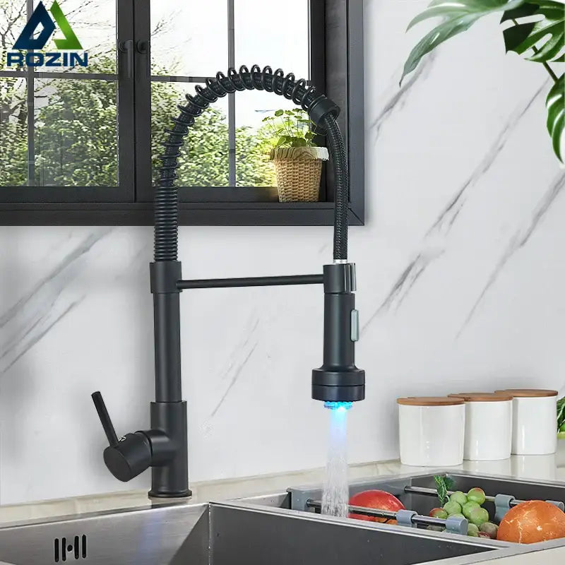 Decorbites black led kitchen faucet with black matte finish flexible gooseneck spout and blue led light nozzle