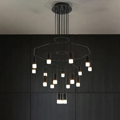 Modern black metal decorbites black led linear chandelier with tiered cylindrical led lights for dining room and lobby use