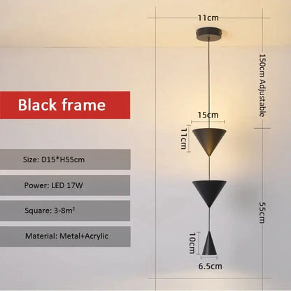 DecorBites black led pendant chandelier with three stacked inverted cones in metal and acrylic for modern nordic decor