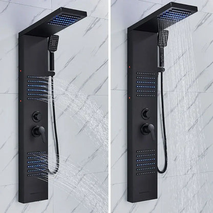 Decorbites black led shower column in black matte finish with massage jets, waterfall mixer tap, and blue led lighting accents