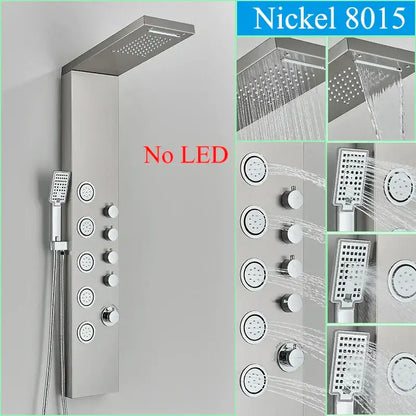 DecorBites black nickel 8015 shower faucet panel with multiple spray heads and control knobs for a waterfall rain system
