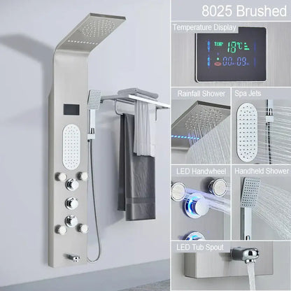 Decorbites™ brushed stainless steel led shower faucet with digital temperature display and multiple spray heads