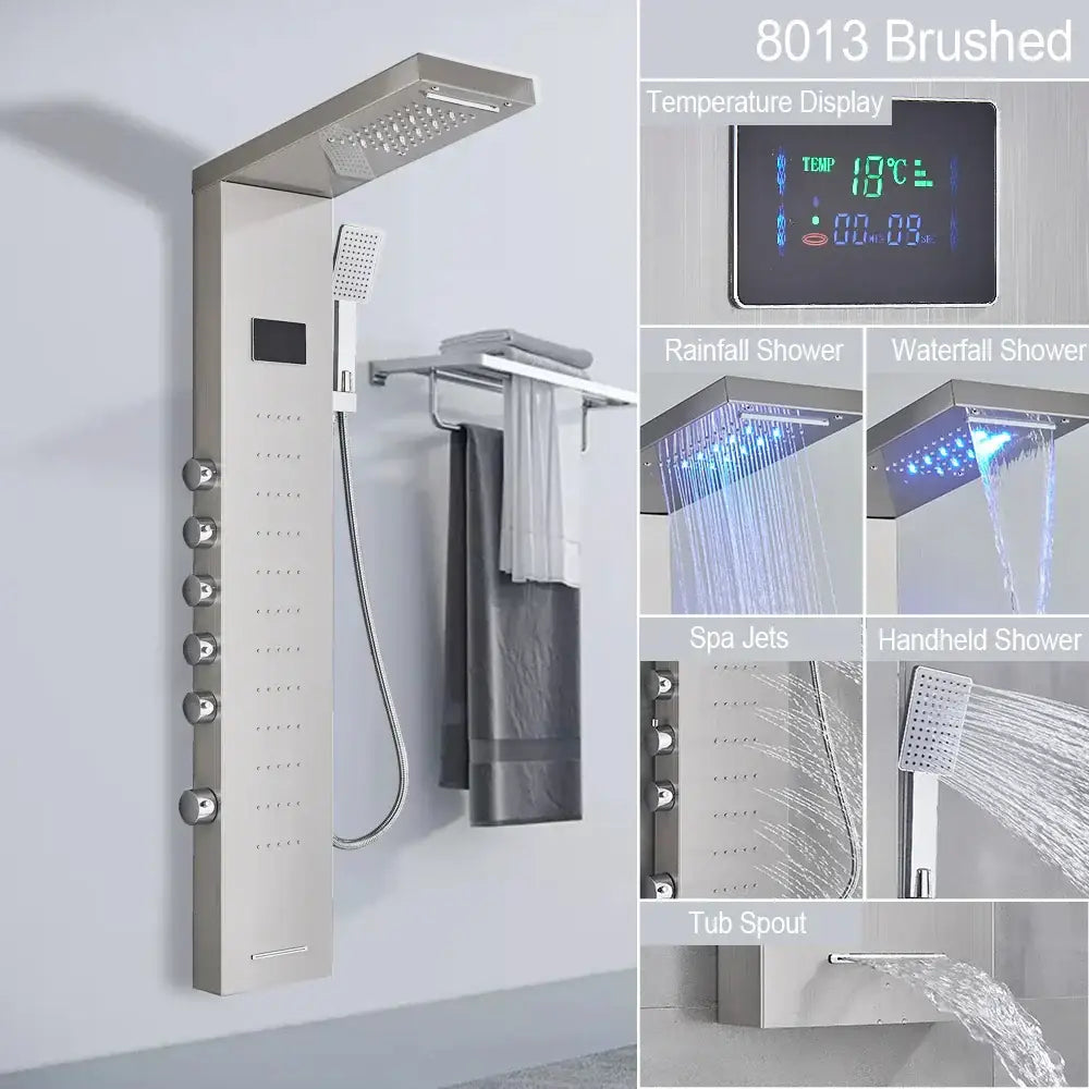 Brushed stainless steel 8013 decorbites black led shower faucet with digital temperature display and multiple spray modes
