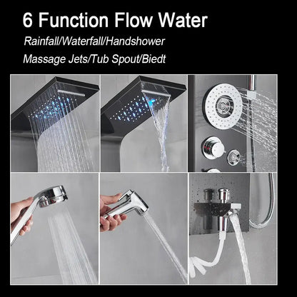 DecorBites black chrome finished 6-function led shower faucet with rainfall, massage jets, tub spout, and bidet spray options