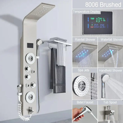Decorbites brushed stainless steel 8006 led shower faucet with digital temperature display and multiple spray heads