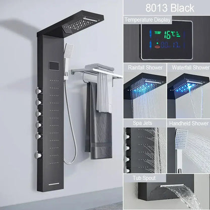 Black 8013 model decorbites black led shower panel with multiple spray settings and digital temperature display