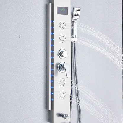 Modern chrome finished decorbites black led shower panel with blue led lighting and multiple spray heads for bathroom use