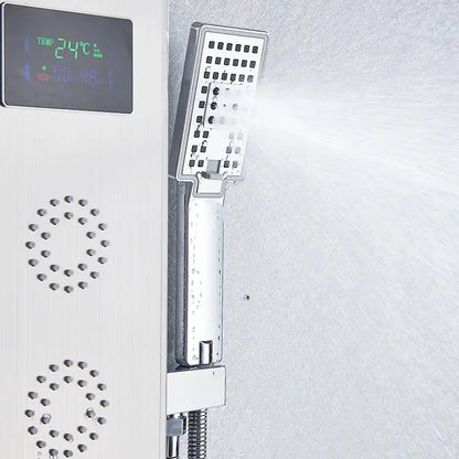 Modern chrome-finished showerhead with digital temperature display on decorbites black led shower panel faucet