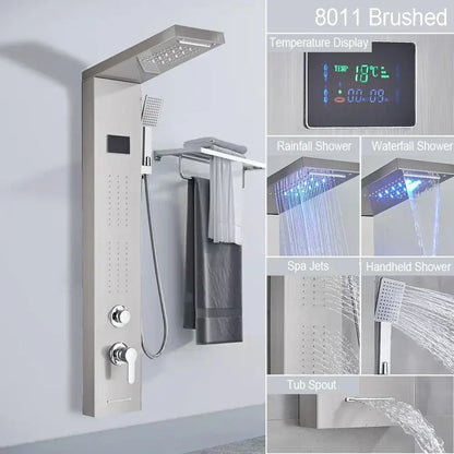 Decorbites black led shower panel in 8011 brushed stainless steel with digital temperature display and multiple spray modes