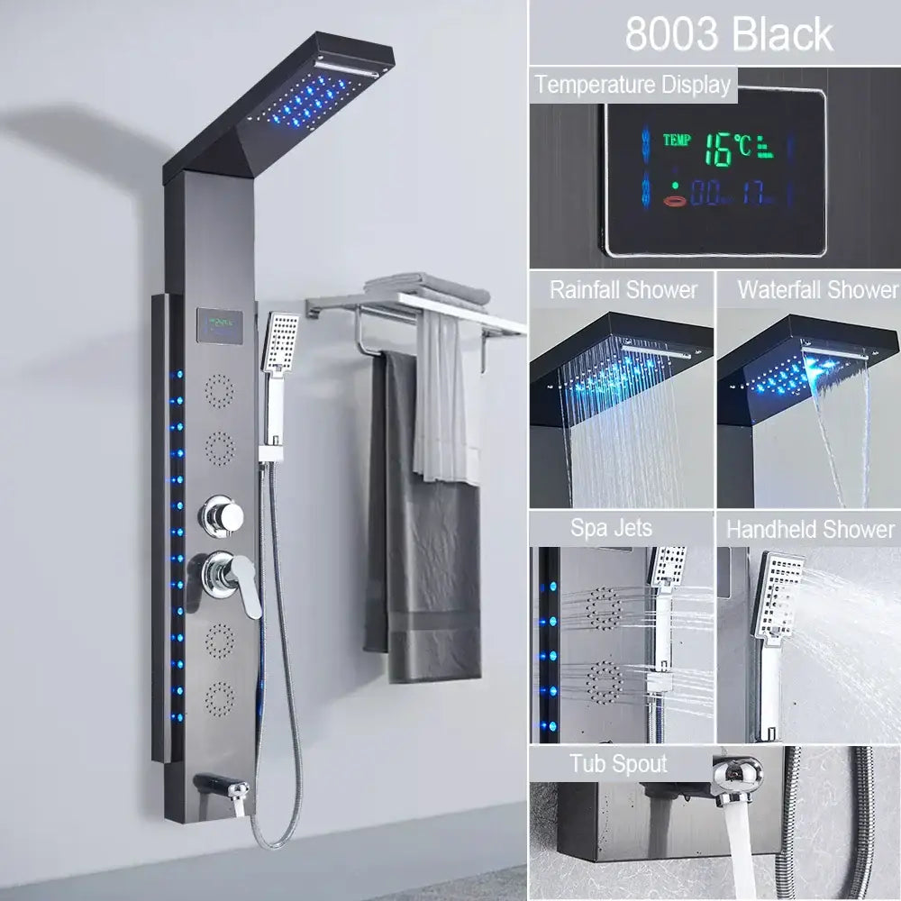 Decorbites black led shower panel 8003 model with sleek chrome accents and blue led lighting for hot and cold showers