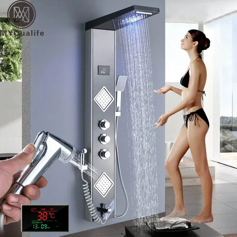 Modern chrome-finished decorbites black led shower panel with rainfall shower and digital temperature display