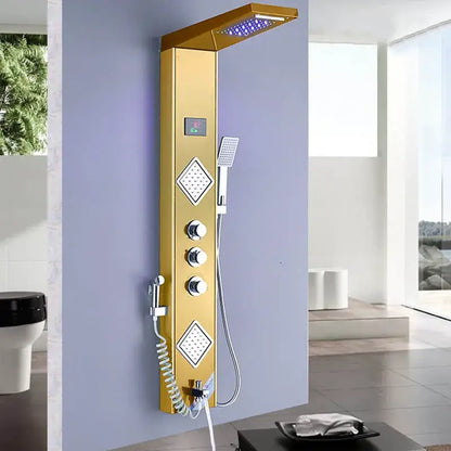 Gold-colored modern DecorBites black led shower panel with rectangular rainhead, blue LED lights, and multiple control knobs