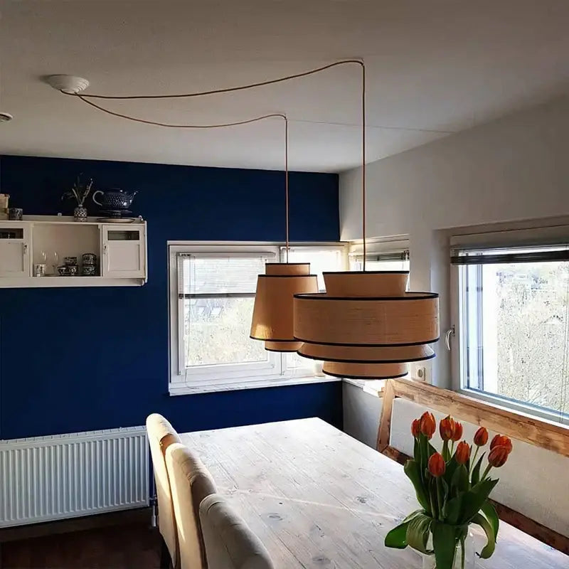 Decorbites black led strip pendant light features two tiered beige tones with black led trim for dining and living rooms