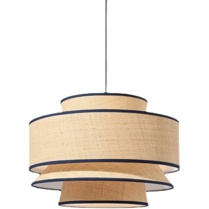 Beige woven tiered lampshade with navy blue trim on DecorBites™ black led strip pendant light for dining and living room