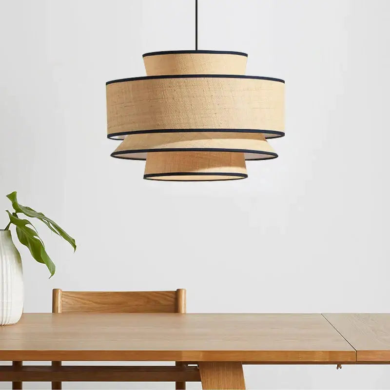 Beige woven tiered pendant light with black trim featuring black led strip for dining living room kitchen office bar use