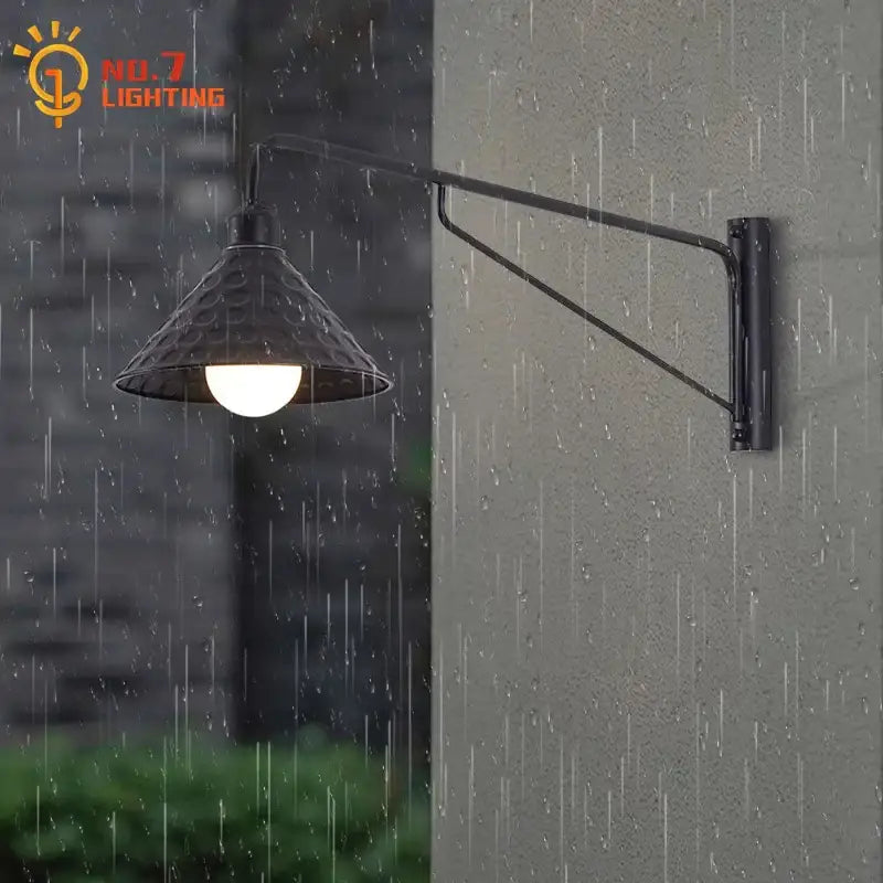 Black wrought iron decorbites black led wall lamp with swing arm and textured conical shade for outdoor decor